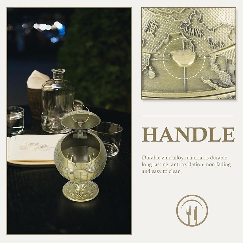 صينية سجائر كرة أرضية معدنية قديمة مقاومة للرياح مع غطاء دلو تخزين سطح المكتب - Image 5